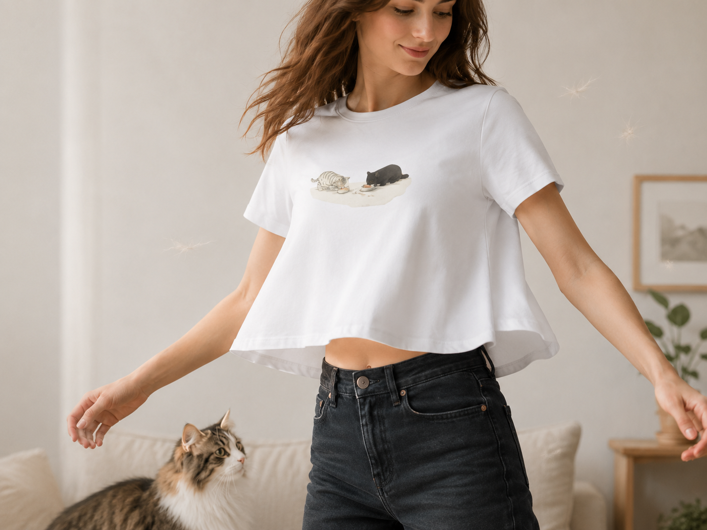 Flowy cropped tee moving naturally in a pet home