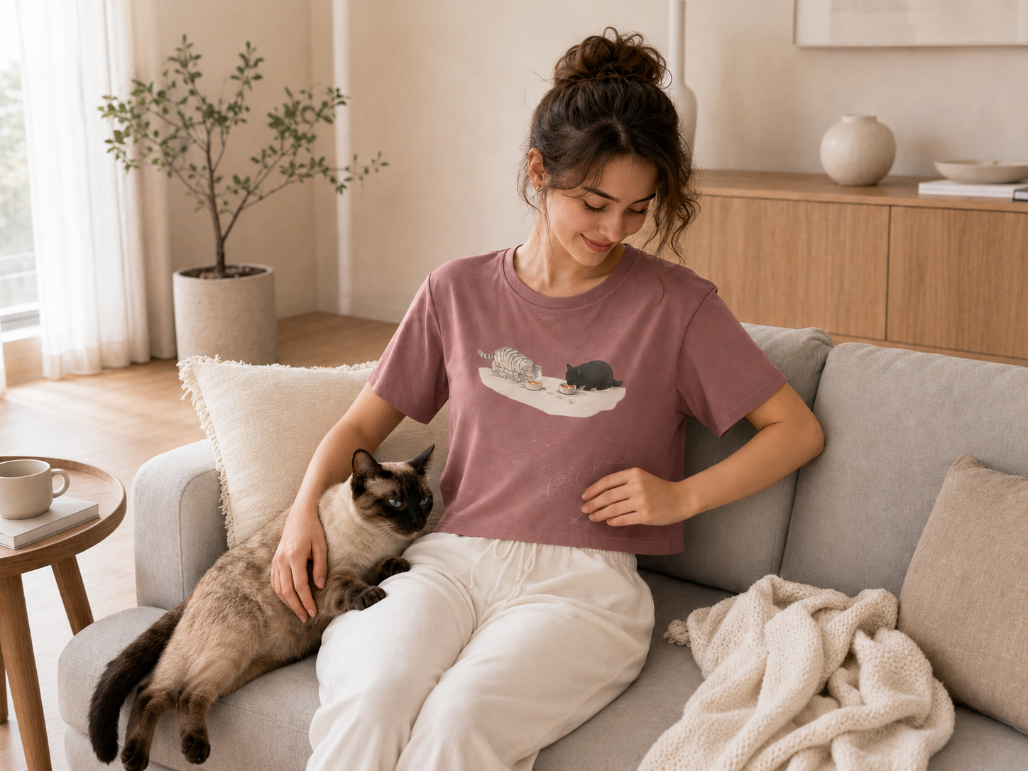 Soft Rituals™ Flowy Cropped Tee worn during couch cuddles with a cat