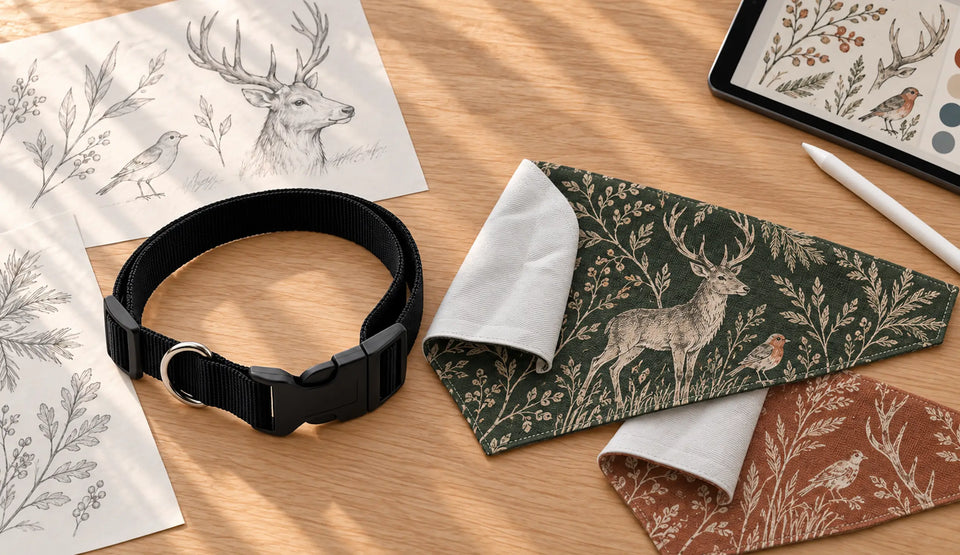 Forest-green and clay pet bandana samples with a black collar, woodland sketches, and a tablet on a design table.