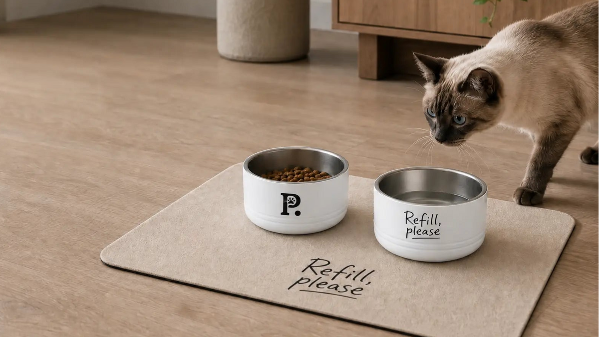 Cat looking at two Petieer pet bowls on a pet food mat in a room with wooden flooring and a plant.
