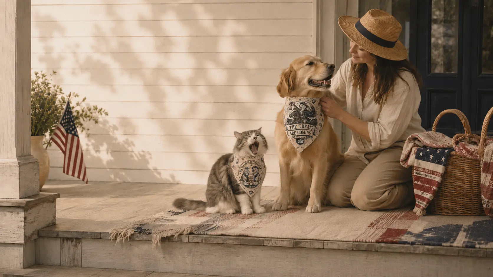 A woman with a golden retriever and a cat wearing USA 250 bandanas