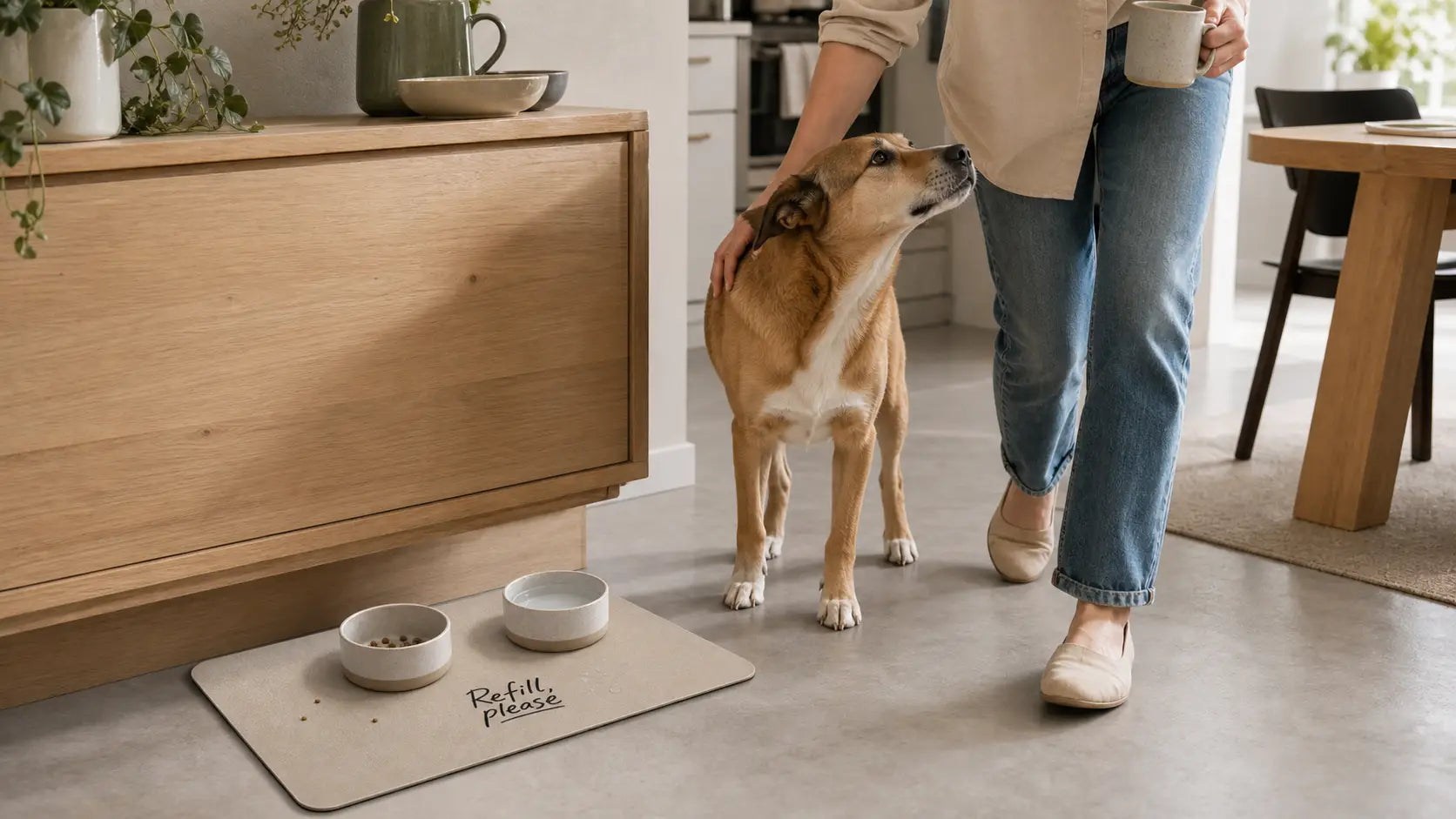 Petieer dog food mat with bowls in a modern home as an owner interacts with their dog