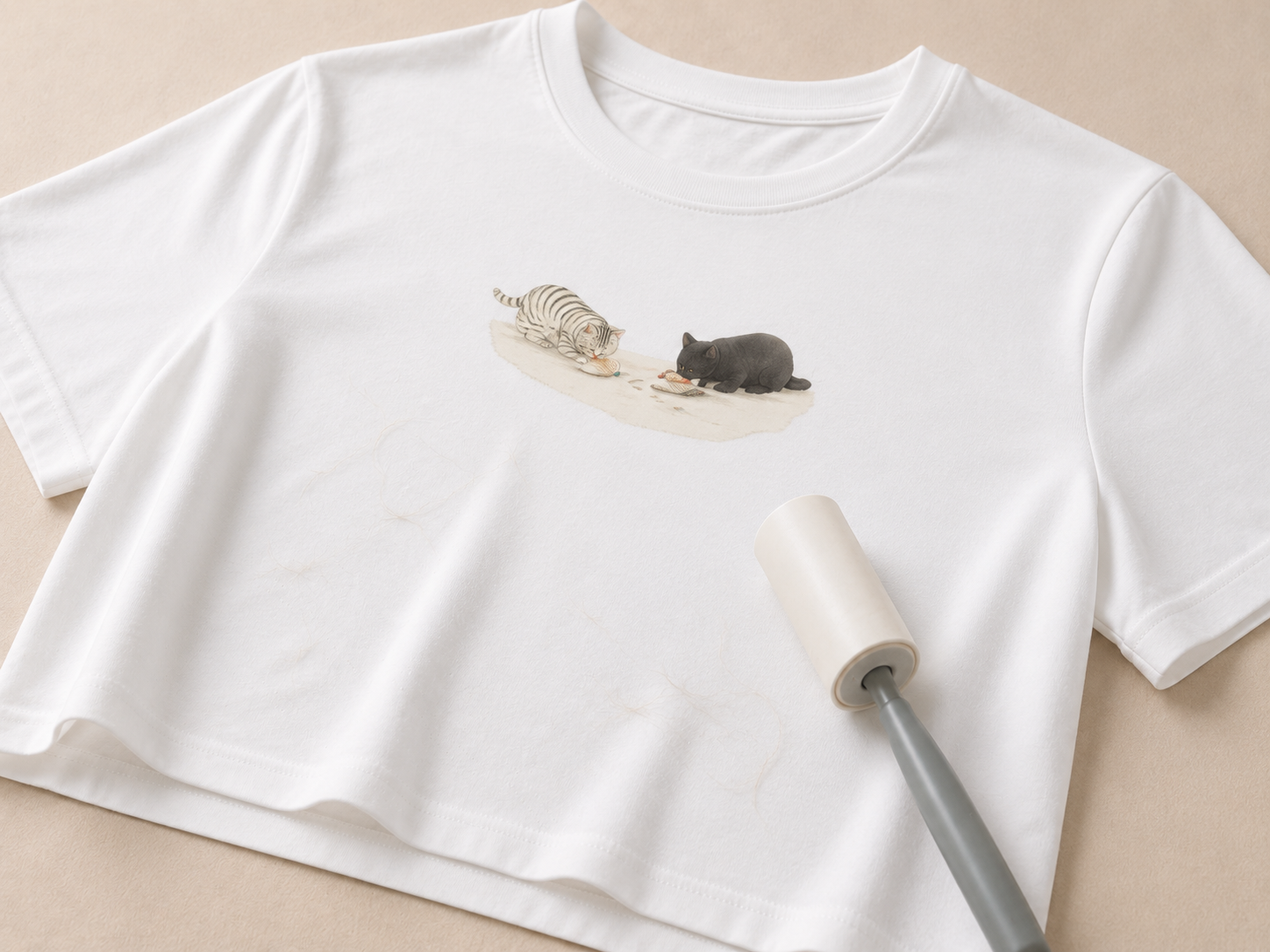 Smooth white cropped tee surface with a lint roller