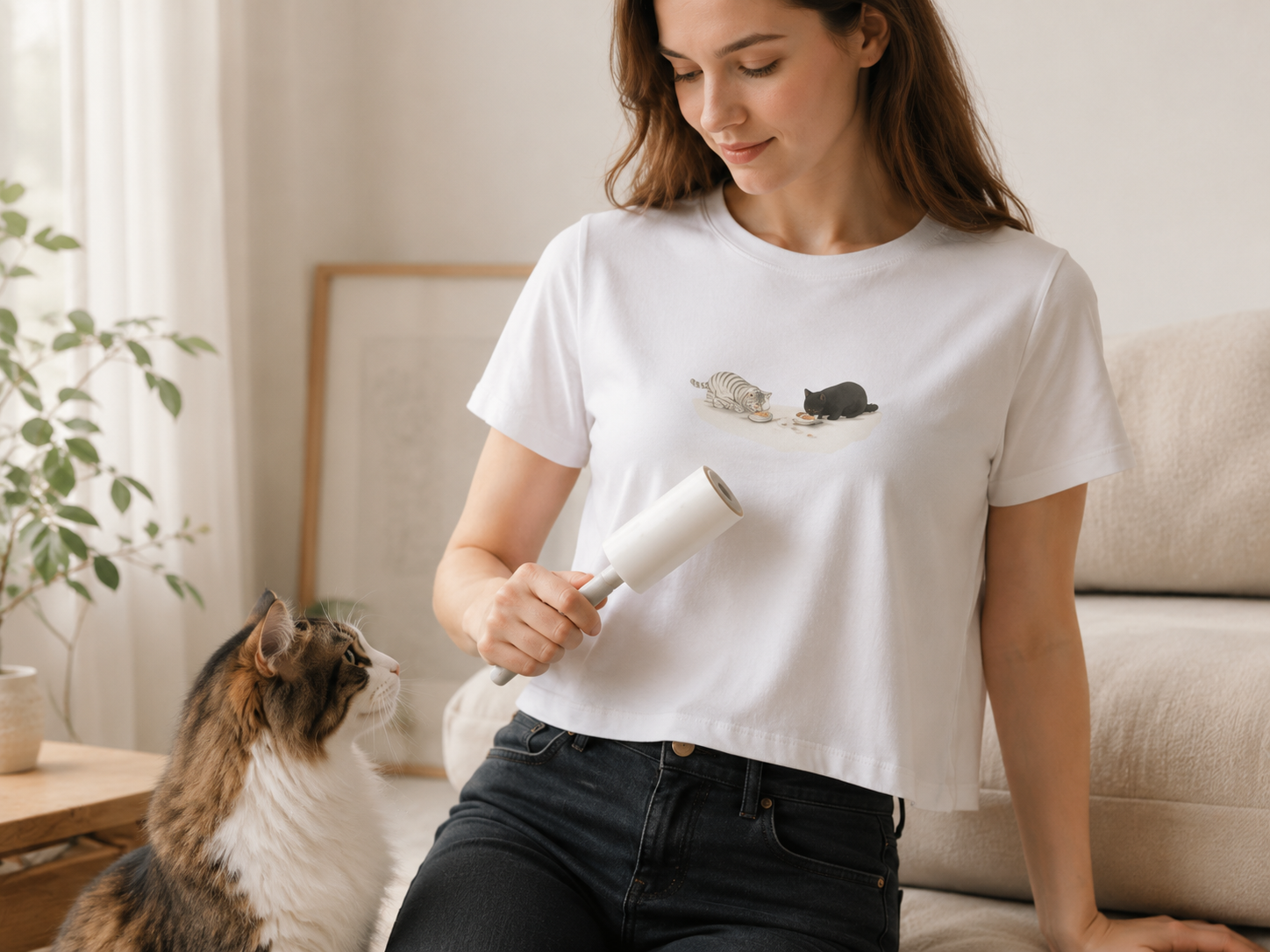 White cropped tee with lint roller and cat nearby