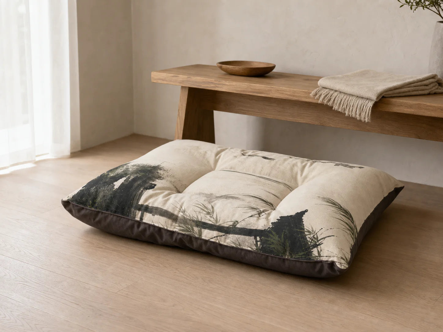 Quiet Loaf™ 'Currently Judging You' Cat Pet Bed in a quiet home interior